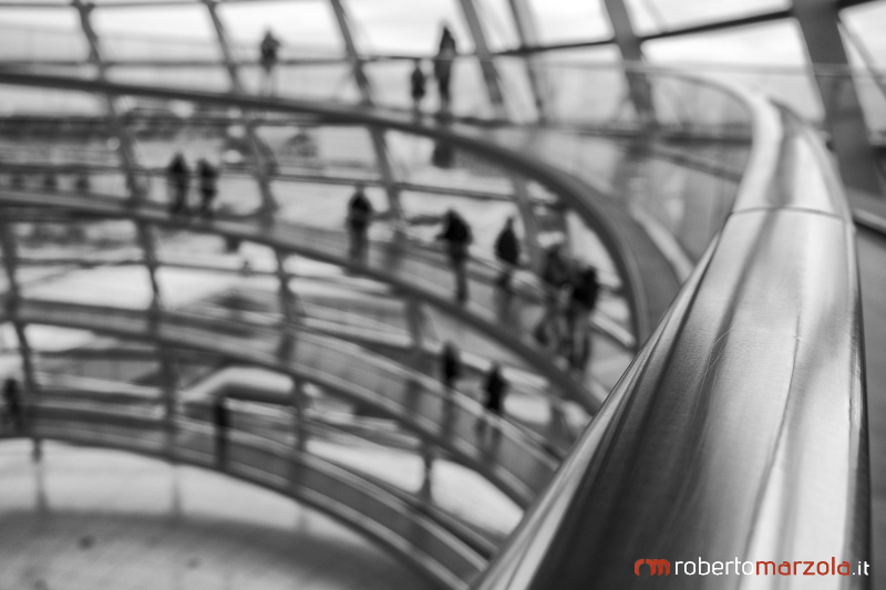Point of view, Reichstag dome, perspective, elevated walkway, black and white, steel, Berlin